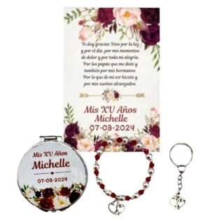 Set de 30 Recuerdos Personalizados para XV Años – Elegancia Floral en Tonos Vino