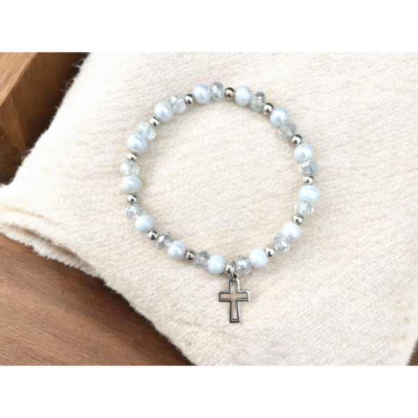 detalle de Pulsera de Bautizo Niño con Cruz y Tarjeta – Recuerdo Tierno y Religioso. Set 10 piezas.