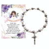 Pulsera Recuerdo de Primera Comunión con Dije de Cruz y Tarjeta Lila. Set 10 piezas.