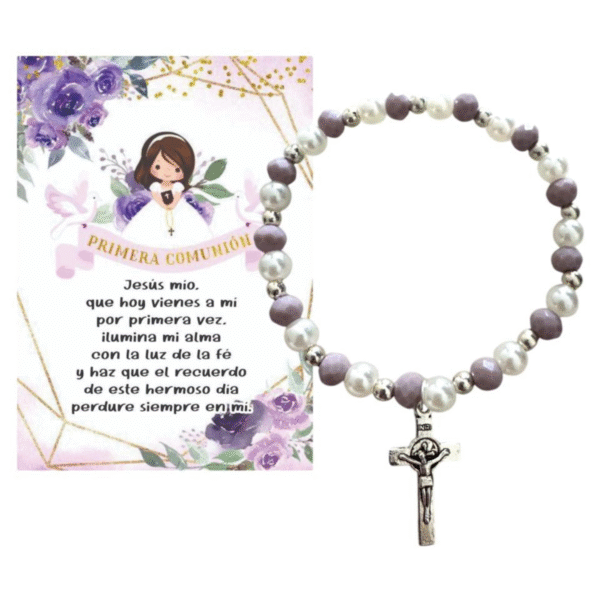 Pulsera Recuerdo de Primera Comunión con Dije de Cruz y Tarjeta Lila. Set 10 piezas.
