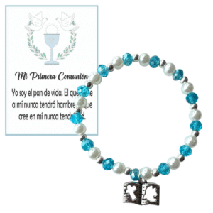 Pulsera de Primera Comunión Niño con Dije de Biblia y Tarjeta Religiosa. Set 10 piezas.