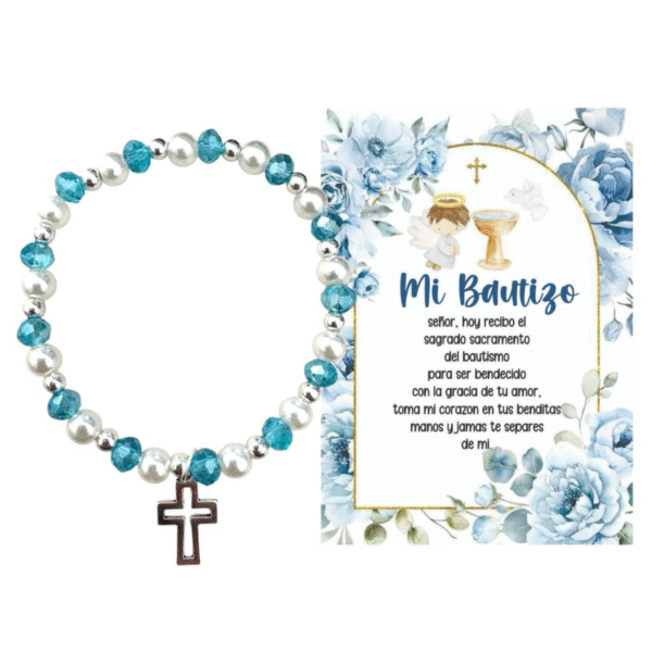 Pulsera de Bautizo Azul con Cruz y Tarjeta – Recuerdo Elegante y Significativo para Niño. Set 10 piezas.