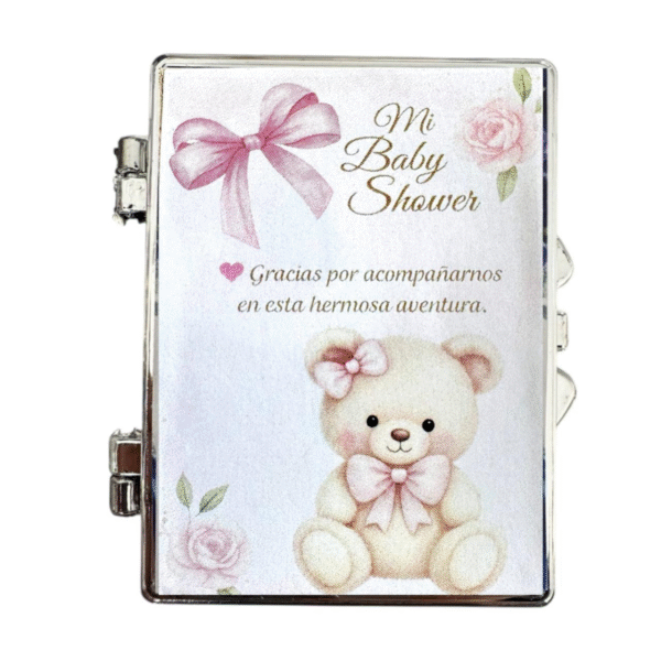Espejo Baby Shower Niña con Osita – Recuerdo Tierno y Agradecido. Set 10 piezas.