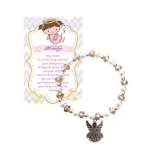 Pulsera champagne Ángel con Tarjeta para Bautizo – Recuerdo Tierno y Especial. Set 10 piezas.