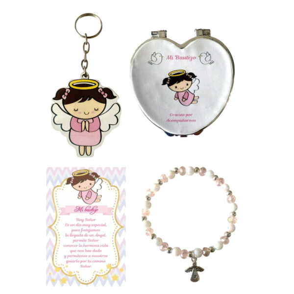Set de 30 Recuerdos de Bautizo para Niña – Pulsera, Llavero y Espejo diseño de Ángel.