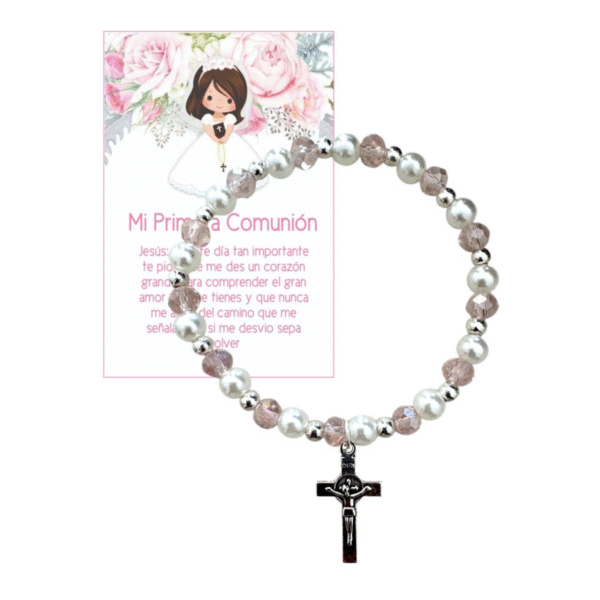 Pulsera Recuerdo de Primera Comunión para Niña con Tarjeta y Dije Religioso. Set 10 piezas.