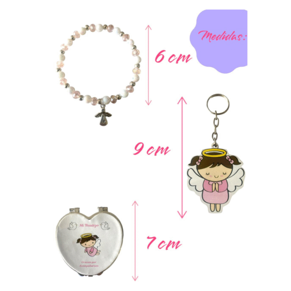 tamaño de Set de 30 Recuerdos de Bautizo para Niña – Pulsera, Llavero y Espejo diseño de Ángel.