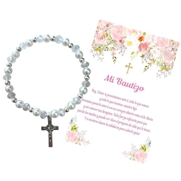Pulsera de Bautizo Perlas Blancas con Cruz – Recuerdo Elegante y Espiritual para tu Evento. Set 10 piezas.