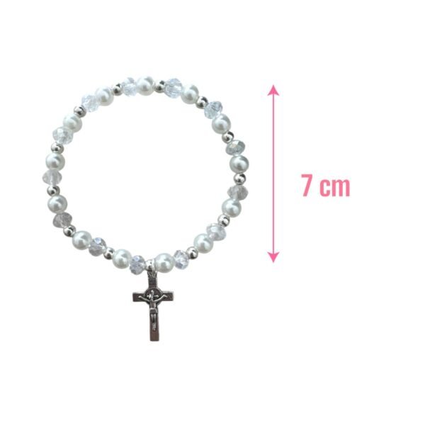 tamaño de Pulsera de Bautizo Perlas Blancas con Cruz – Recuerdo Elegante y Espiritual para tu Evento. Set 10 piezas.