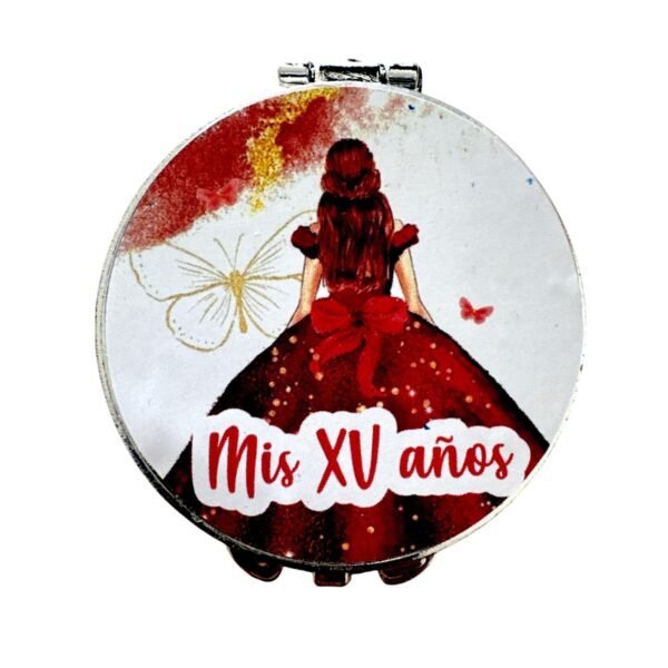 Espejo de Bolsillo para XV Años – Diseño Elegante con Quinceañera en Rojo. Set 10 piezas.