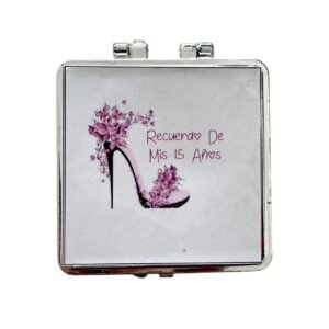 Espejo de Bolsillo para XV Años – Diseño Floral con Tacón Rosa. Set 10 piezas.