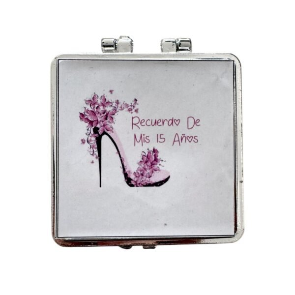 Espejo de Bolsillo para XV Años – Diseño Floral con Tacón Rosa. Set 10 piezas.