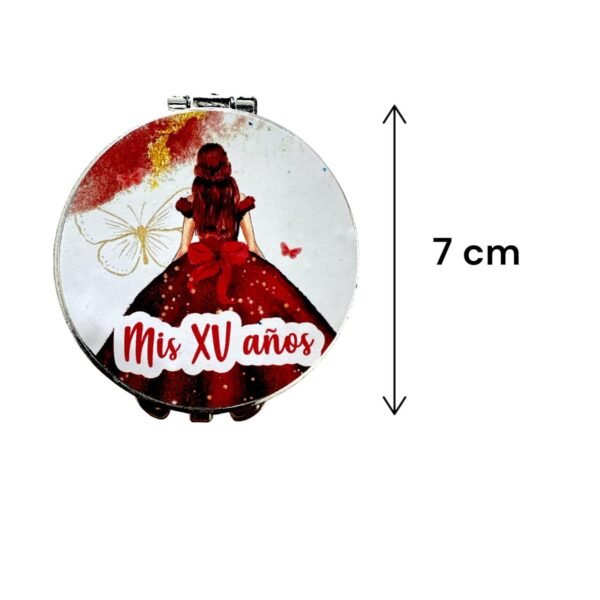 tamaño Espejo de Bolsillo para XV Años – Diseño Elegante con Quinceañera en Rojo. Set 10 piezas.