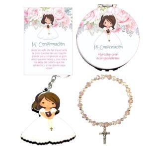 Set de 30 Recuerdos Confirmación Niña – Llaverito, Pulsera y Espejo con Mensaje.