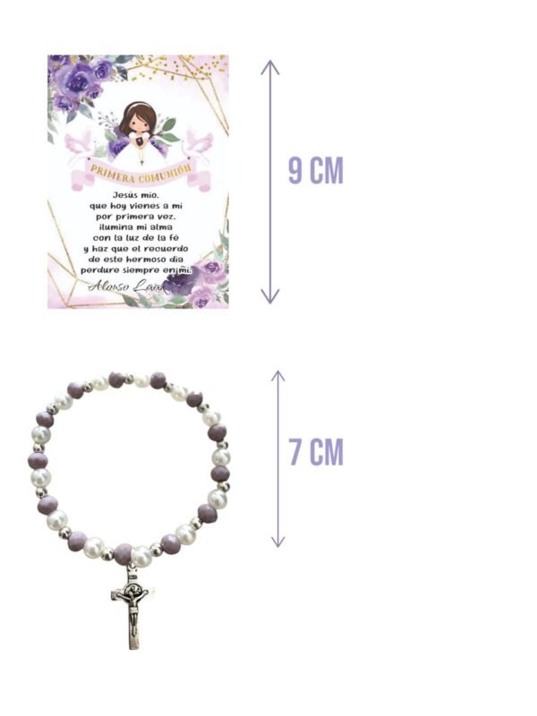 medidas de Pulsera lila Recuerdo de Primera Comunión con Dije de Cruz