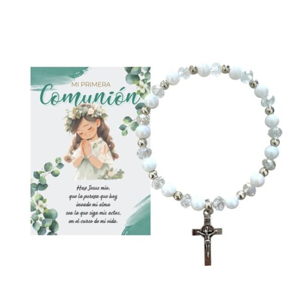 Pulsera Recuerdo Primera Comunión Niña con Cruz y Tarjeta Verde. Set 10 piezas.
