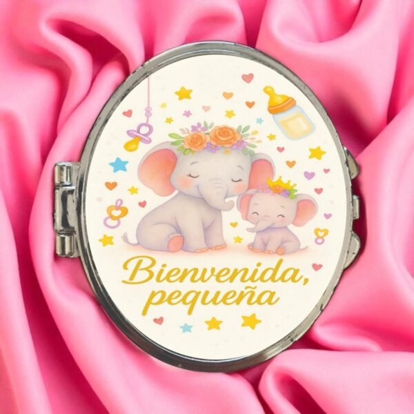 detalle de Espejo “Bienvenida, Pequeña” – Recuerdo Tierno para Baby Shower de Niña. Set 10 piezas.