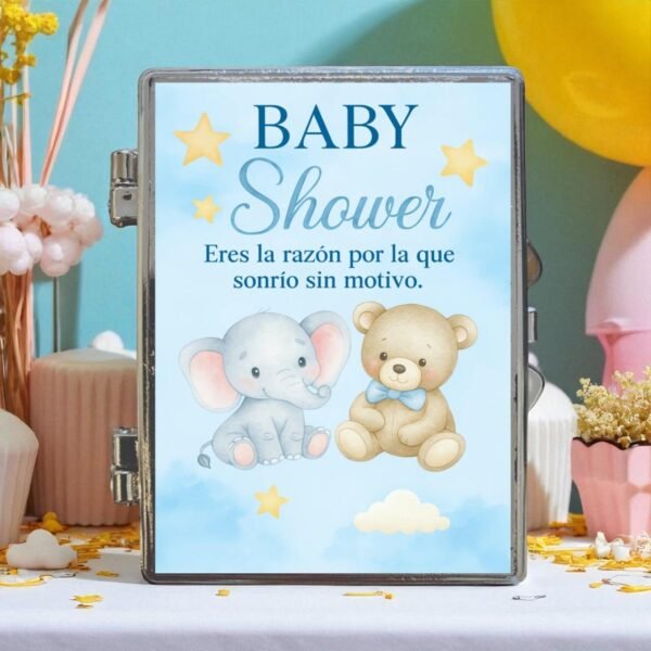 detalle de Espejo de Baby Shower con Elefante y Osito. Set 10 piezas.