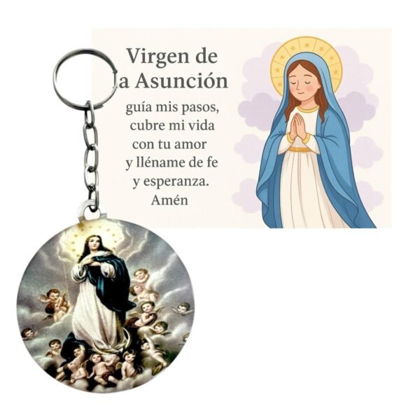 Llavero Virgen de la Asunción con Imagen Clásica y Oración. Set 10 piezas.