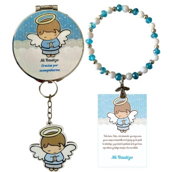 Set de 30 Recuerdos de Bautizo para Niño – Pulsera, Llavero y Espejo con Ángel Azul